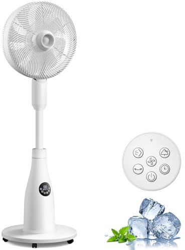 KOMORE Pedestal Fan with Mist Spray, 12m Airflow Coverage, Misting Standing Fan with Remote, 110°Oscillating Cooling Fan for Bedroom, 24H Timer, 7 Speeds 3 Modes, Floor Fan with Wheels, Home & Outdoor