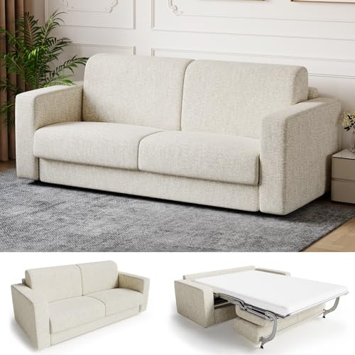 Devoko Schlafsofa mit Matratze 2 Sitzer Sofa 190 cm breit mit Schlaffunktion Ausziehbares Schlafcouch Chenille Couch Klappsofa für Wohnung und Wohnzimmer, Beige