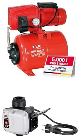 T.I.P. HWW 1200/25 Hauswasserwerk, 5.000 l/h Jetpumpe mit Gusseisengehäuse, 1.200 W, 50 m Förderhöhe & 5,0 bar Druck, Druckschaltung, 22L Kessel + T.I.P. Trockenlaufschutz TLS 100 E