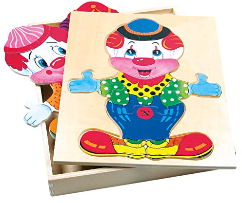 Bino Ankleidepuzzle Friedo, Spielzeug ab 3 Jahren (buntes Kleiderwechseln des Clowns, für Jungen & Mädchen, hochwertiges Holzspiel, inkl. Holzbox, 32-teilig, Größe: 30x30x10 cm), Mehrfarbig