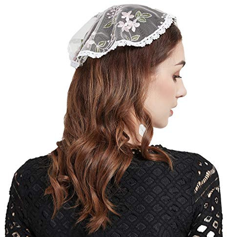 Kirche Schleier Headcovering Stickerei Katholische Spitze Mantilla Kapelle Schleier Y011, Grün+erröten, Einheitsgröße