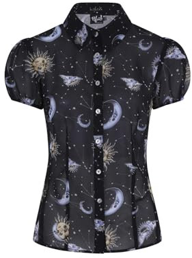 Hell Bunny Solaris Sonne Mond Sterne Astronomie Goth Bluse Top - Schwarz (XS)