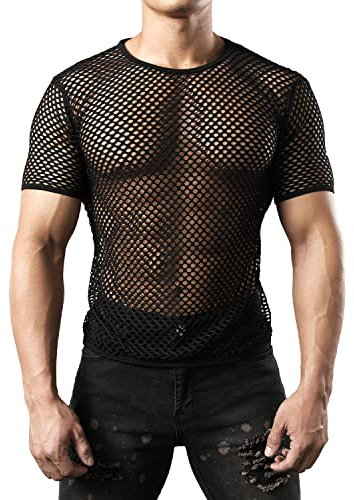 JOGAL Herren Muskel Transparent Kurzarm Shirts Netz Hemd Medium Schwarz