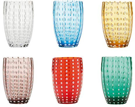 Zafferano Perle Tumbler en Verre - Verre Coloré Transparent Fait Main, cl 32 h 109mm d 71mm - Set 6 Pièces - Couleurs Assorties PR00199