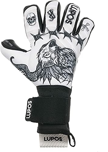 LUPOS Guanti da portiere per adulti e bambini, taglio negativo, 4 + 3 mm, Giga Grip Palm, dorso in rete con stampa digitale e modanature trasparenti in silicone.