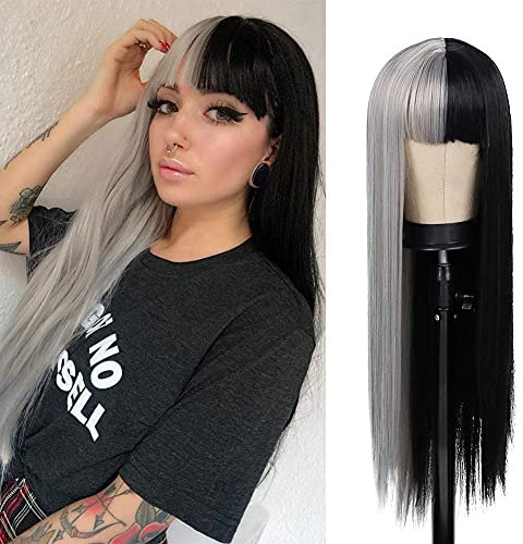 Halbgraue, halb schwarze Perücke, langes glattes Haar mit Pony, Cosplay, natürliche Perücke für Mädchen, Cosplay, Party, Show