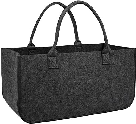 UISEBRT 4 Stück Kaminholztasche Filz, Filztaschen Shopper mit Tragegriffen, Kaminholzkorb Filztasche für Holz Kaminholz und Zeitungen, auch als Einkaufstasche, 25x25x50 cm (Dunkelgrau)