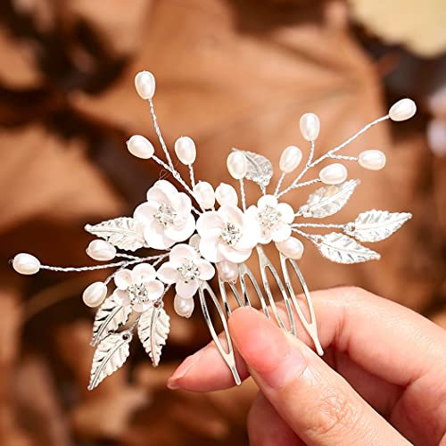 Edary Braut-Hochzeits-Haarkamm, silberfarbene Blume, Kopfschmuck, Perlen, Hochzeits-Haarspange, Brautschmuck, Strass, Haarschmuck für Damen und Mädchen