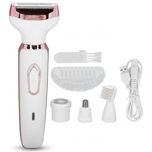 Elektrischer Rasierer für Frauen, 4-in-1 Schmerzfreier Intimrasierer mit Nass & Trocken Rasur, Damenrasierer Elektrisch Sanft für Bikinizone, Gesicht, Beine, Achseln & Nase, USB-Aufladbar, Wasserdicht