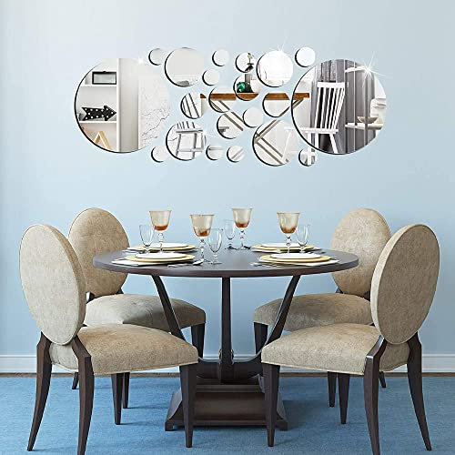 Miroir Autocollant Mural Ronds,30 Pièces Autocollants Miroir Acrylique,Miroir Moderne Rondes Sticker,pour la Maison,la Ferme,Le Salon,Le Bricolage,la Décoration de la Chambre(Argent)