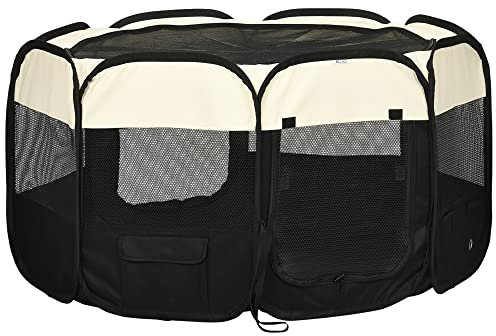 PawHut Welpenlaufstall Tierlaufstall Faltbarer Welpenauslauf Freigehege Laufstall aus Oxfordstoff für kleine Hunde und Katzen Wasserdicht Tragbar Cremeweiß+Schwarz 118 x 118 x 62 cm
