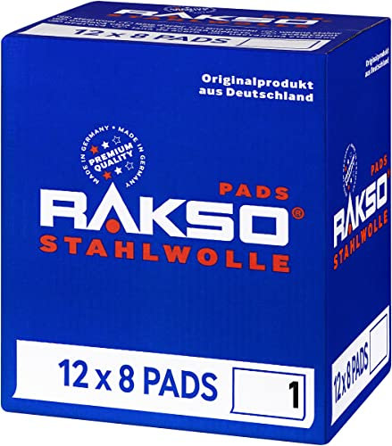 RAKSO Stahlwolle mittel 1-96 Pads - 12x8 Stk. - glättet Holz, entfernt alten Lack von Antikmöbeln, säubert Hartgummiböden
