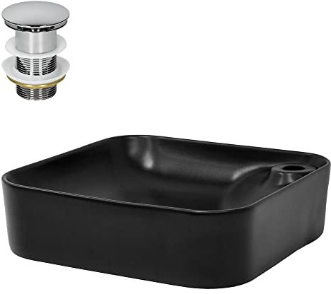 ML-Design Lavabo Cuadrado Ovalado 430x430x120 mm Negro de Cerámica Mate Fregadero para Pared o Sobre Encimera con Juego de Desagüe Cromado Lavamanos Diseño Moderno Aseo Baño con Agujero para Grifo