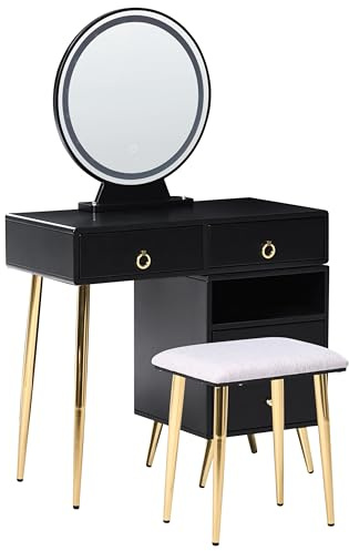 Schminktisch mit LED-Spiegel rund 6 Schubladen Hocker schwarz Glamour YVES