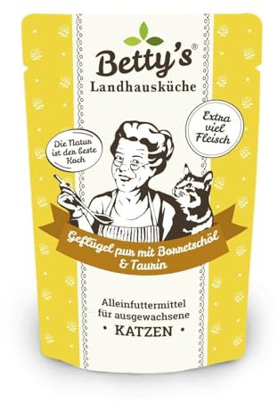 Betty's Landhausküche Frischebeutel Pouches Nassfutter Katze, Geflügel PUR mit Borretschöl 100 g, getreidefrei, Beste Qualität, hochwertiges Fleisch, schonend gegart, hohe Bioverfügbarkeit