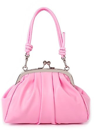 Evening Purse Women Kiss Lock Vintage Mini Handbags Soft Leather Ruched Bag Bridal Clutch for Wedding Party, Pinka