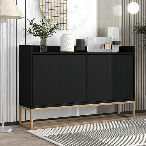 Sweiko Commode moderne à 4 portes, 100 cm, noire, étagère réglable, en bois, armoire polyvalente pour couloir, chambre, salon, salle de bain