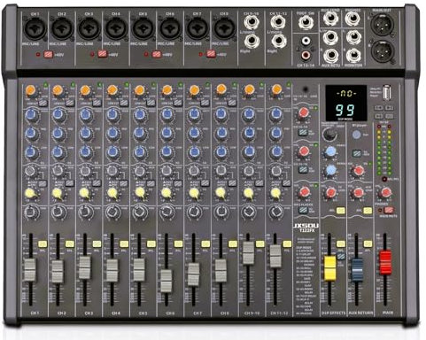 JXSOU Audio-Mischer, 16-Kanal DJ-Mischer Bluetooth Studiomischer mit 99 DSP-Effekten USB-Antrieb + 48V Phantom Power, XLR-Mikrofonbuchse Profi-Mischer für Karaoke-Studio Streaming Aufnahme