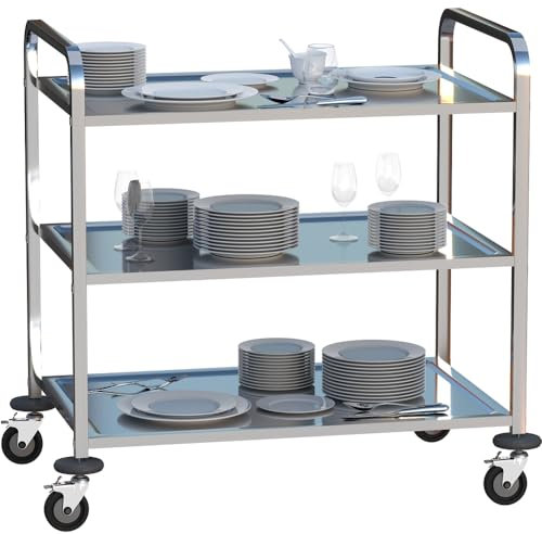 Mecent servierwagen Edelstahl 3 böden,servierwagen mit Rollen und 4-Bremsräder,Küchenwagen für Hotel Restaurant (75 x 40 x 83cm)