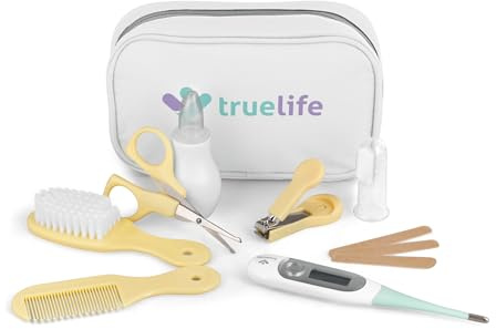 TrueLife BabyKit Komplettes Babypflege-Set, Reiseetui, Schere, Nagelschere, Nagelfeile, Haarbürste mit feinen Borsten, Kamm, Fingerzahnbürste, Schleimlöser, TrueLife Care T3-Thermometer