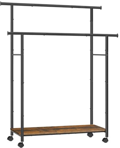 SONGMICS UHSR152B01 Portant à vêtements avec roulettes, porte-vêtements à double tringle pour suspendre les vêtements, 98,8 cm, charge jusqu'à 100 kg, pour chambre à coucher, placard, marron rustique