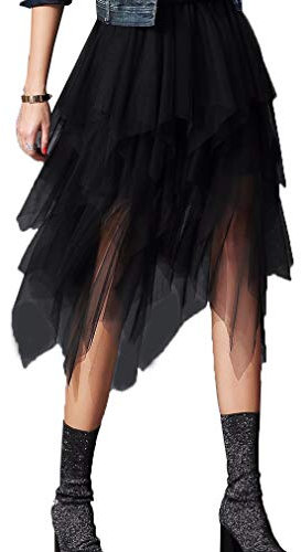 GPLOPEEY Damen Y2k Tüllrock Mehrlagiger Tutu-Rock mit hoher Taille Unregelmäßiger, plissierter, elastischer A-Linien-Midirock Streetwear (01 Black, One Size)