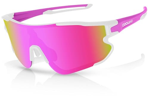 Odoland Polarisierte Fahrradbrille, Sport-Sonnenbrille, UV 400, mit austauschbarer Nachtsicht, Gläser für Fahrrad, Angeln, Laufen, Herren, Damen und Jugendliche, Farbe Rosa