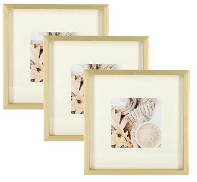 Wackadoo 3er Set Holz Bilderrahmen Set, FSC® Holzrahmen Gold Fotowand Bilderrahmen groß Fotogalerie Wandcollage Fotorahmen mit Glasscheibe mit Passepartout (13x13 cm)