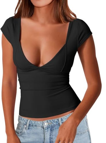 EMOTTOS Women's Low-Cut Pleated Tops-Sexy Sweetheart Tight Shirt, Unique Y2k Slim Fit Crop Top Going Out Streetwear, Fashion Skinny Y2K Tee Shirt(Black-L)