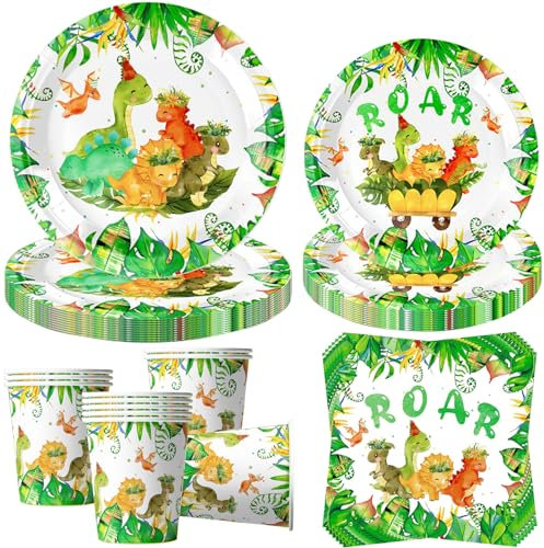 OMZSXK 50 pcs Dinosaurio Vajilla de fiesta para 10 invitados,dino Platos de fiesta,dino Platos de papel Vasos Servilletas para la decoración de fiestas de cumpleaños infantiles