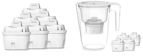 Philips Water Cartuchos de filtro de agua de repuesto, pack de 6 filtros, compatible con Brita & Filtro de jarra +4 cartuchos de filtro de repuesto Micro X-Clean, flujo rápido, blanco