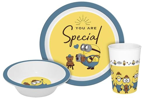 Kindergeschirr Minions Gentleman 3teilig PP, Geschirrset, Teller, Schale, Becher, Kunststoff, unzerbrechlich, 3-teilig, Bob, Dave, Stuart, Kevin, Teddy, GEDA, GEDA LABELS, BPA frei, Geschirr