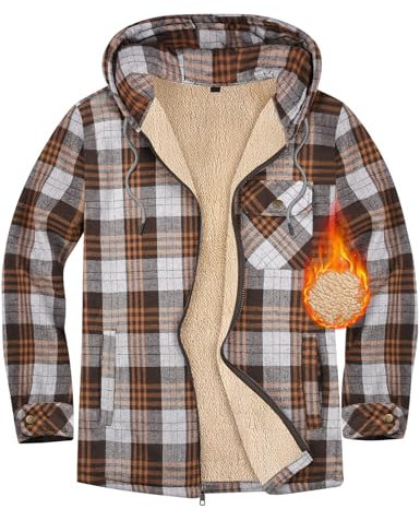 Xnova Herren Thermohemd Jacke Fleecefutter mit Kapuze, Casual Reißverschluss Karierte Mantel Langarm, Winterjacke Kapuzenpullover Flanellhemd Warm Holzfällerhemd Arbeitshemd Hoodie (Bronze, XL)