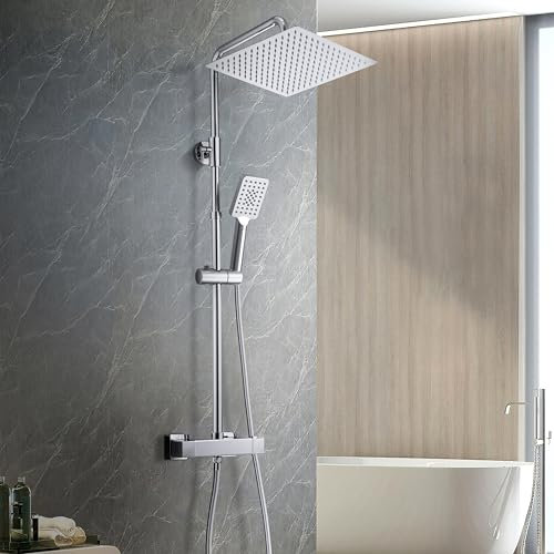 Görbach Thermostat Duschsystem mit Mischbatterie Duscharmatur, Edelstahl Duschstange, Regendusche Duschkopf-XXL Kopfbrause 30x30cm, Chrom