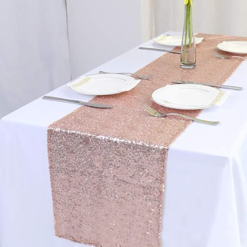 Tinyuet Chemin de Table en Tissu Métallisé Rose Or à Paillettes, Chemin de Table Rose Or Mariage - 30x275cm - Décoration pour Mariage, Événement, Salon et Extérieur