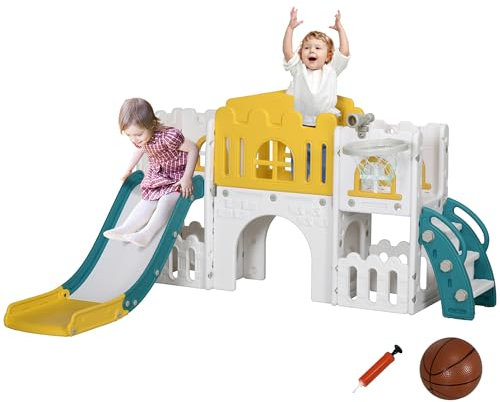 AIYAPLAY Kinderrutsche, 7 in 1, Kleinkinderrutsche mit Basketballkorb, Klettergerüst, Teleskop, Tunnel, Lenkrad, Plattformgang, Aufbewahrungskorb, Kinder Spielplatz für 1 bis 3 Jahre Kinder