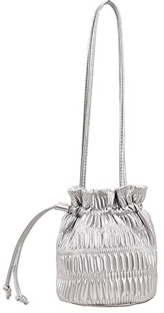 CRGANGZY Damen-Kuriertaschen, PU-Leder, Beuteltasche mit Kordelzug, Hobo-Tasche, leicht, plissiert, trendig, weiche Umhängetasche, Einkaufstasche (Silber)