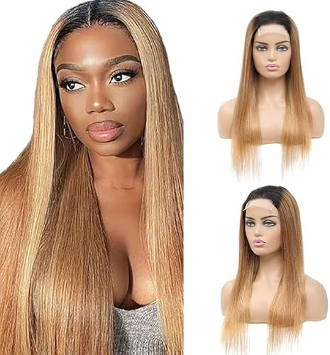 Weeybay Echthaar Perücke für Damen Perücken Straight Human Hair Wig 4X4 Lace Closure Ombre Black to Blonde 150% Density Unprocessed Remy Hair Glueless 20 Zoll