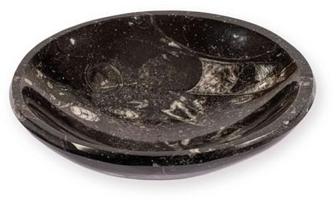 NKlaus Fossilien-Schale 12 cm – Handgefertigte Deko-Schale aus schwarzem Marmor mit echten Orthoceras & Ammoniten, einzigartiges Naturstein-Unikat für Sammler & Wohnraum