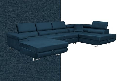 SOFILAND Wohnlandschaft Aller Moon U XXL-Ecksofa mit Schlaffunktion und Zwei Bettkästen. (Dunkelblau, Rechts)