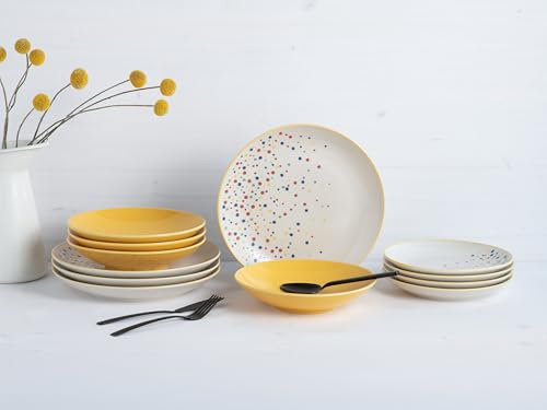CreaTable, 24236 Serie Joy Dots Giallo, set di stoviglie per 4 persone, set di piatti in gres porcellanato, lavabile in lavastoviglie e microonde, produzione di qualità