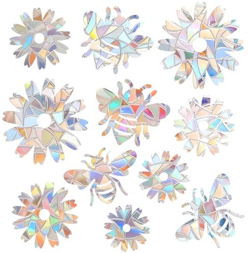 33 Stück Prism-Fenster-Abziehbilder PVC Anti-Kollisions-Aufkleber Vogelschutz Regenbogen Fensterfolie Kreisförmig Sonnenfänger Sticker Dekoration für Stoppt Vögel Türfenster (Blumen + Bienen)