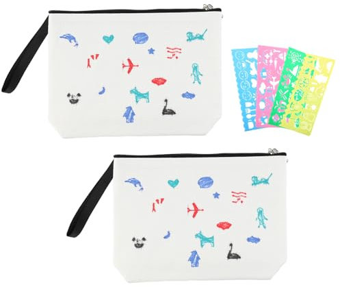 FEMONGY Stoffbeutel zum bemalen 2 Stück Kosmetiktasche Mit Futter und 4 Stück Schablone Beutel zum bemalen, Stoffbeutel mit reißverschluss für Reisen Make up Taschen,bemalen, Mäppchen(25x18cm)