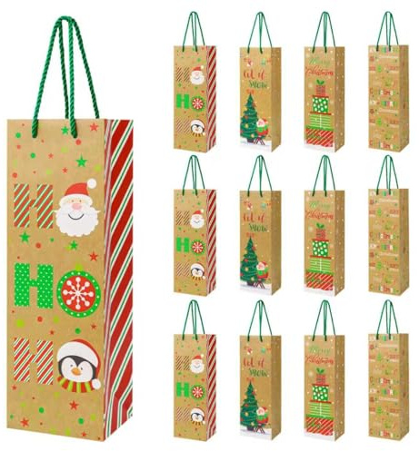 12PCS Christmas Bottle Gift Bags Premium Wine Bottle Gift Bag Wrapping Bags Bulk with Handles Gift Tags Reusable Holiday Wine Tote Gifts Xmas Party Favours New Year Champagne Whiskey Liquor(Brown)