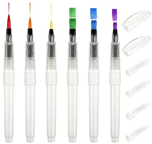 Watercolour Brush Pens Set, 6 Pcs Refillable Water Brushes with Fine, Medium & Flat Tips - Leak-Proof & Portable for Painting, Calligraphy & Sketching - Art Supplies for Students & Hobbyists
