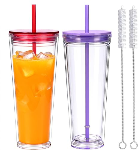 CuppaLifes 710ml Reusable Tumbler with Straw and Lid, 2 Pack Insulated Cup for Iced Coffee, Hot/Cold Drink, Plastic Travel Mug for Office, Travel, Camping, Beach, Outdoor (2, Red, Purple)
