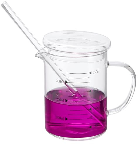 PATIKIL 350ml Glass Measuring Cup, Borosilicate Glass Beaker Graduated Liquid Measure Cups with Glass-Lid Straw V-Shaped Spout for Kitchen Drinking Restaurant, Black Printed Scale