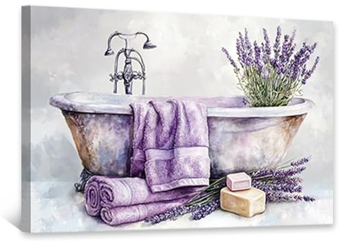 CCWACPP Lavendel-Wandbilder für das Badezimmer, lila Badezimmer-Wanddeko, rustikale Lavendel-Blumen-Leinwandbilder, ländliche Blumenbilder Rahmen (30.00 x 45.00 cms)