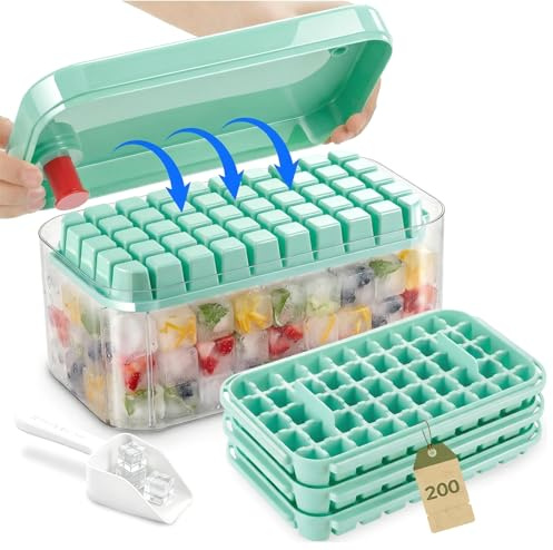 Eiswürfelbehälter,200 Eiswürfel, Ice cube tray,und inkl 4 Eiswürfel-Tablett,1 Eisschaufel,schnell entnehmen und lagern,Ideal für Whisky,Cocktails,Kaffee,Getränke (blau)