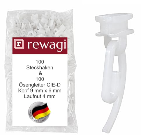 rewagi® Gardinenhaken & Ösen-Gleiter CIE-D Set – 200 Stück – 100 Steckhaken 35 mm & 100 Gleiter 9x5 mm – für 4 mm Gardinenschiene – Weiß – Kunststoff/POM